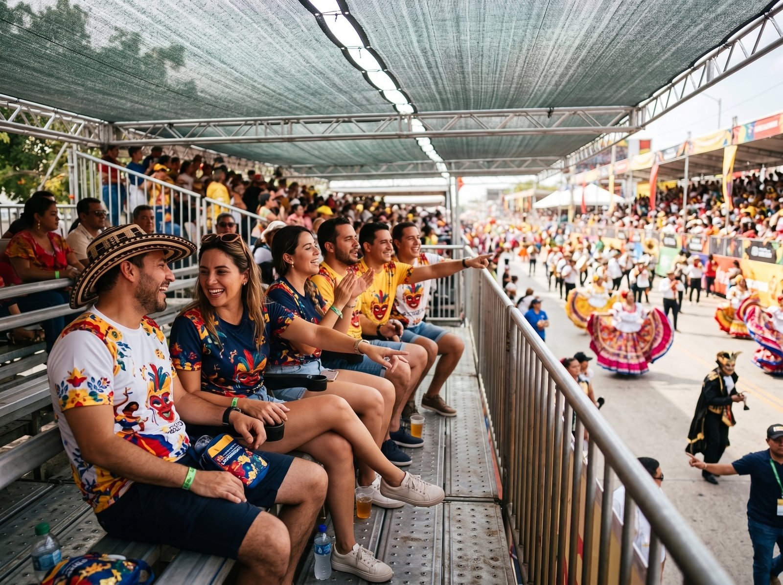 Parche de amigos con camisetas alegóricas en palco de la Vía 40